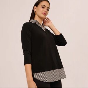 Adrianna‎ Papell Three Quarter Sleeve Sweater Black Ivory Stripe Top NWT Size M